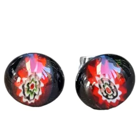 Artisan Glass stud earrings Millifiori red and black