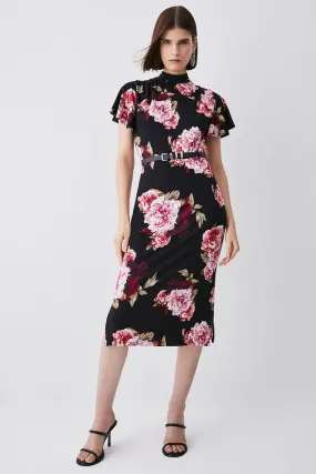 Belted Viscose Blend Angel Sleeve Jersey Midi Dress | Karen Millen