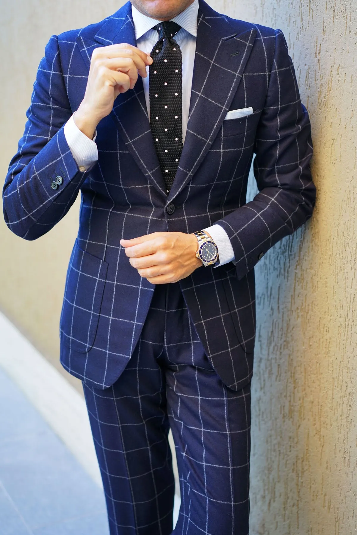 Black Knitted Tie with White Polka Dots