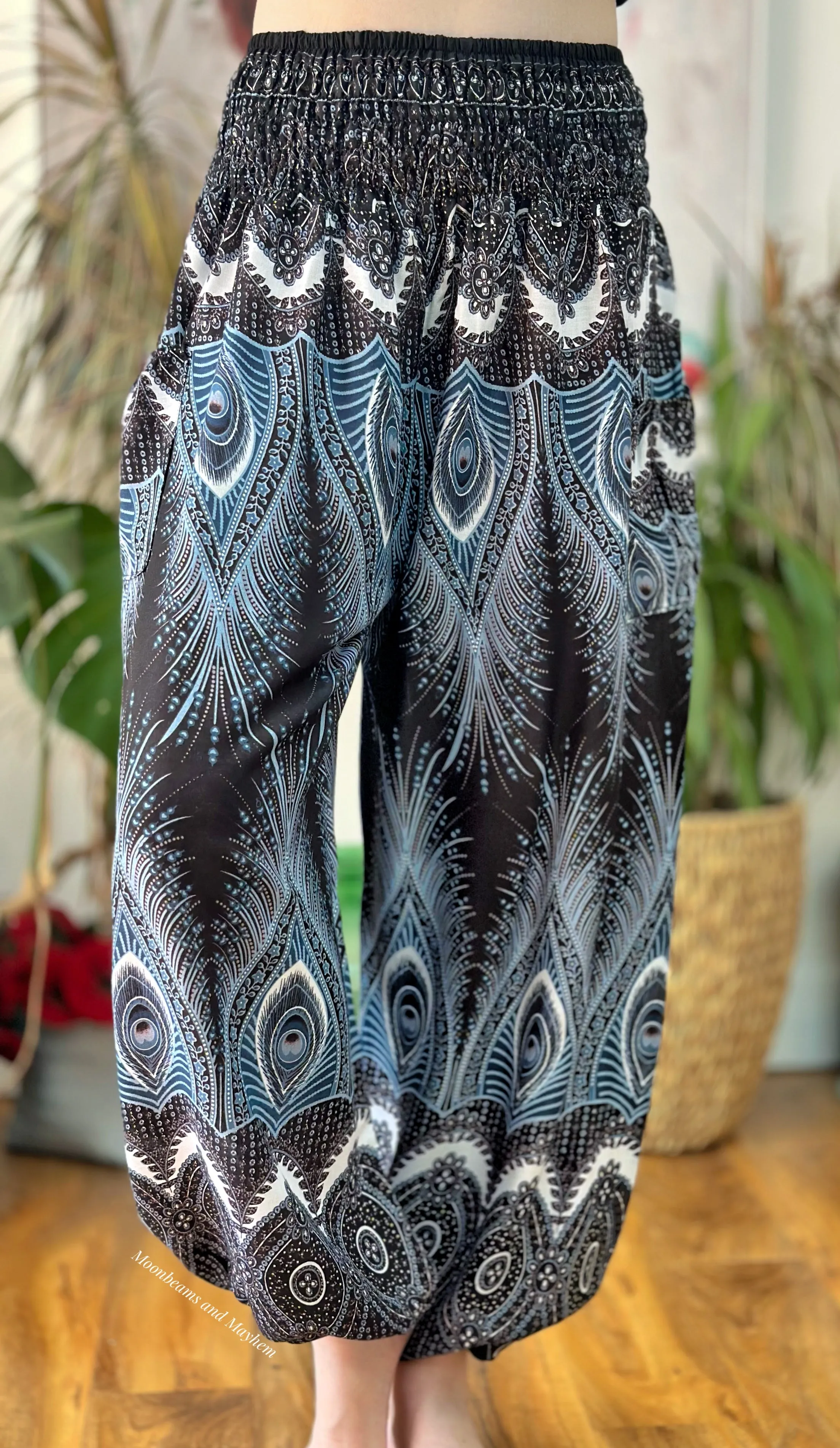 BLACK PEACOCK FEATHER HAREM TROUSERS S - XL (PRBP)