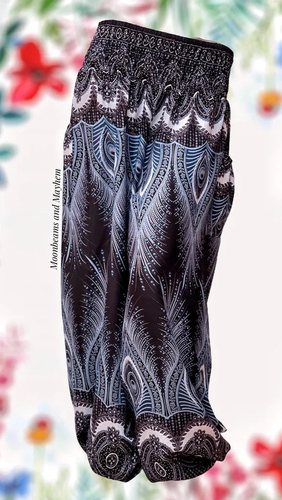 BLACK PEACOCK FEATHER HAREM TROUSERS S - XL (PRBP)