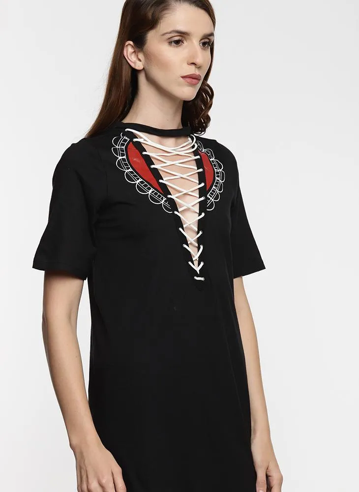 Black Shift Dress with Front Print & Tie-Up Detail