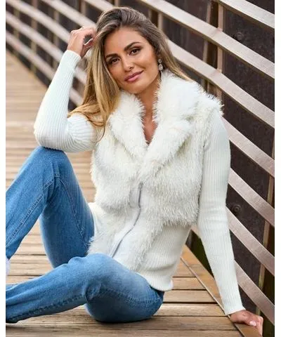 Boston Proper Off White - Metallic Faux Fur Zip Up Cardigan