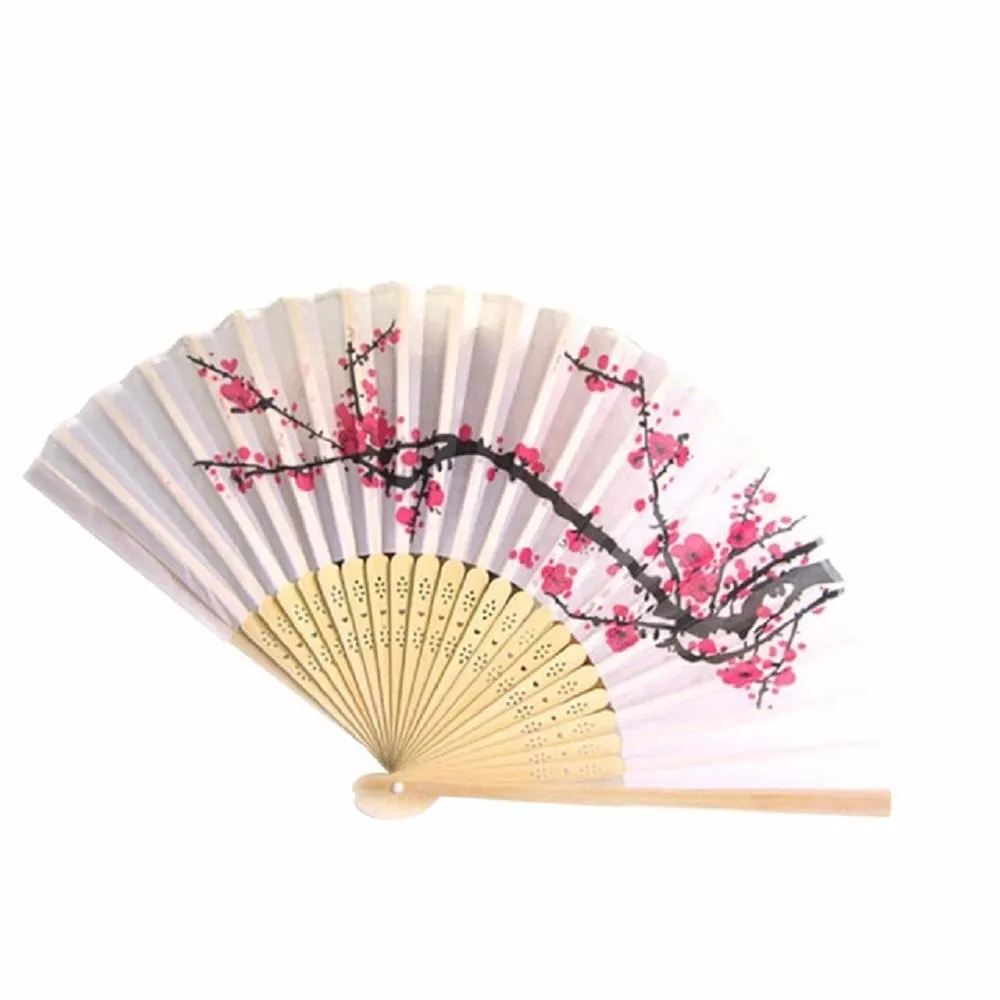 Chinese Silk Bamboo Hand Held Folding Cherry Blossom Wedding Party Fan