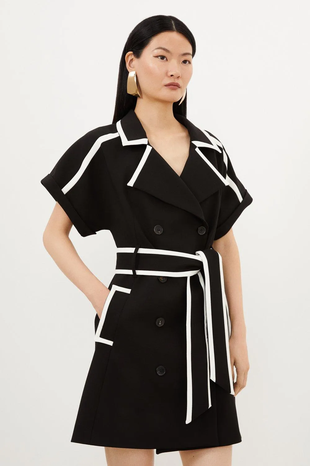 Compact Stretch Tipping Detailed Tailored Mini Dress | Karen Millen