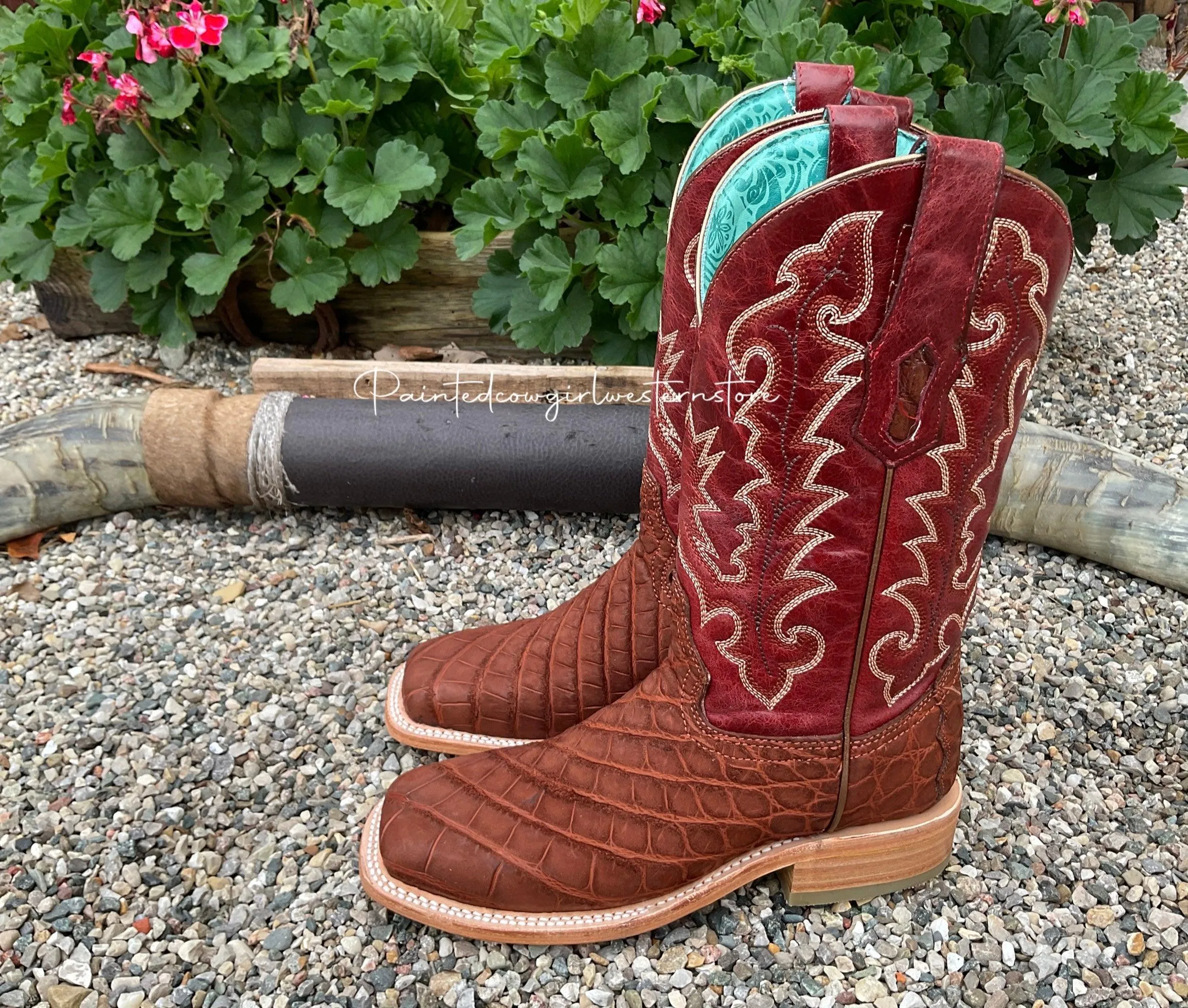 Corral Women's Cognac/Red Alligator Square Toe Cowgirl Boots A4200