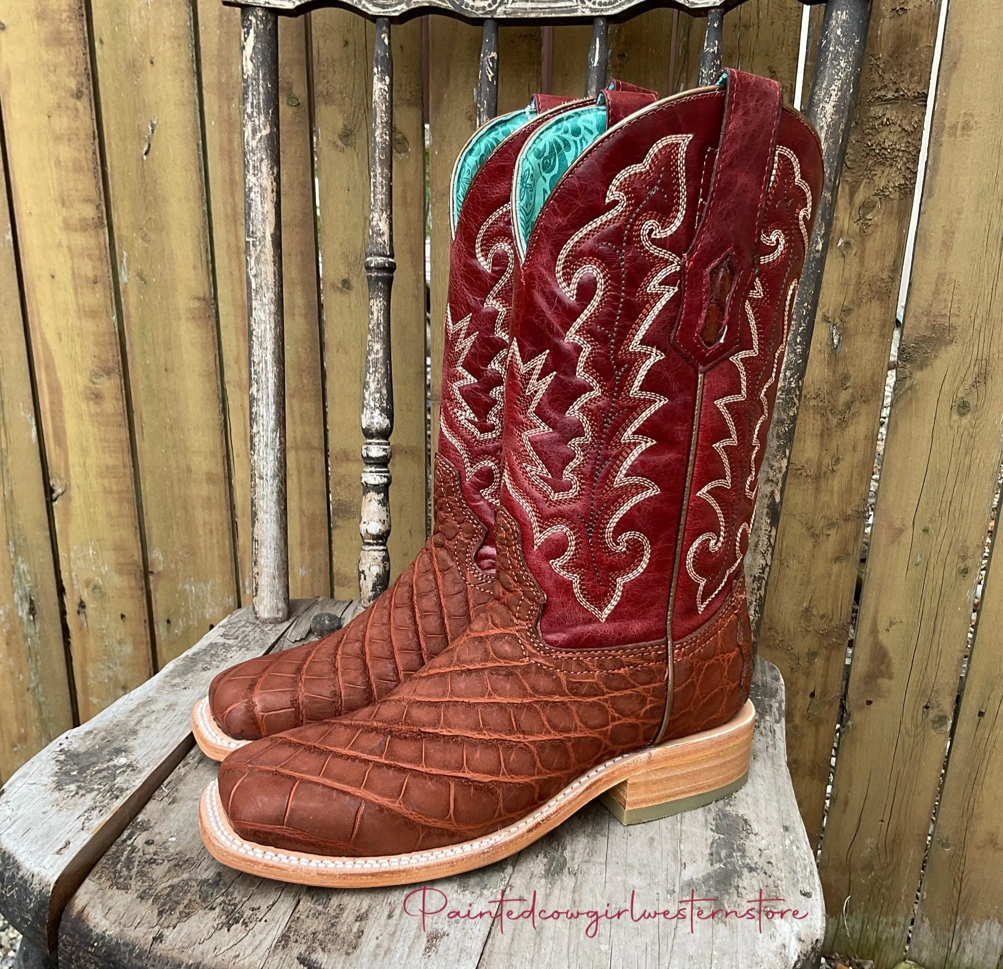 Corral Women's Cognac/Red Alligator Square Toe Cowgirl Boots A4200