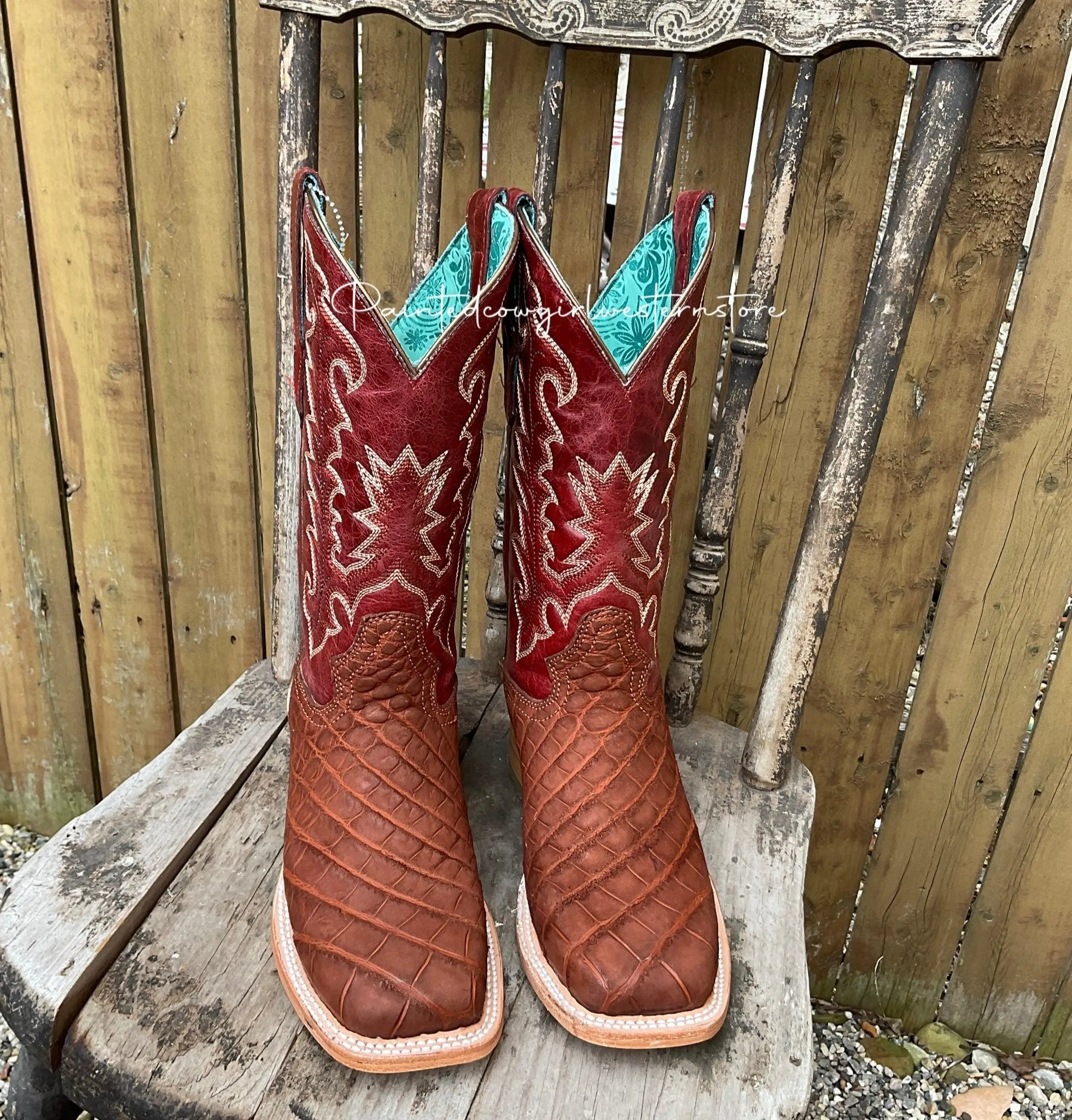 Corral Women's Cognac/Red Alligator Square Toe Cowgirl Boots A4200