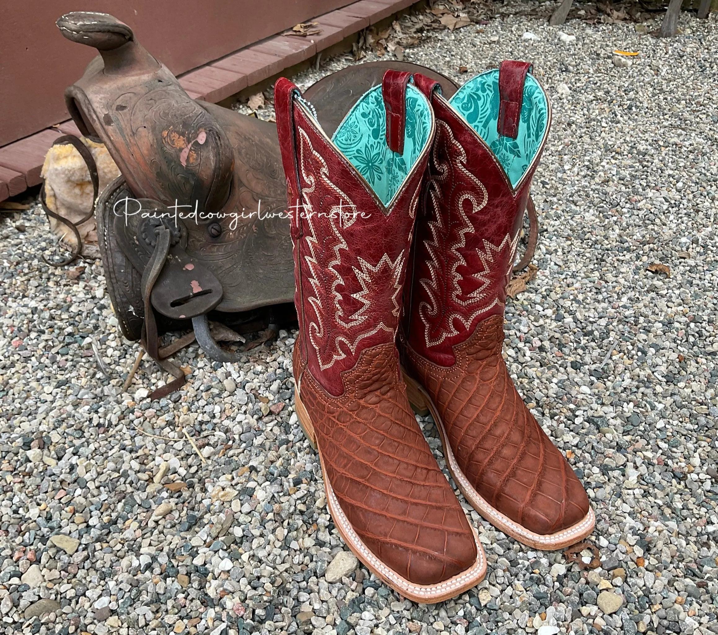 Corral Women's Cognac/Red Alligator Square Toe Cowgirl Boots A4200