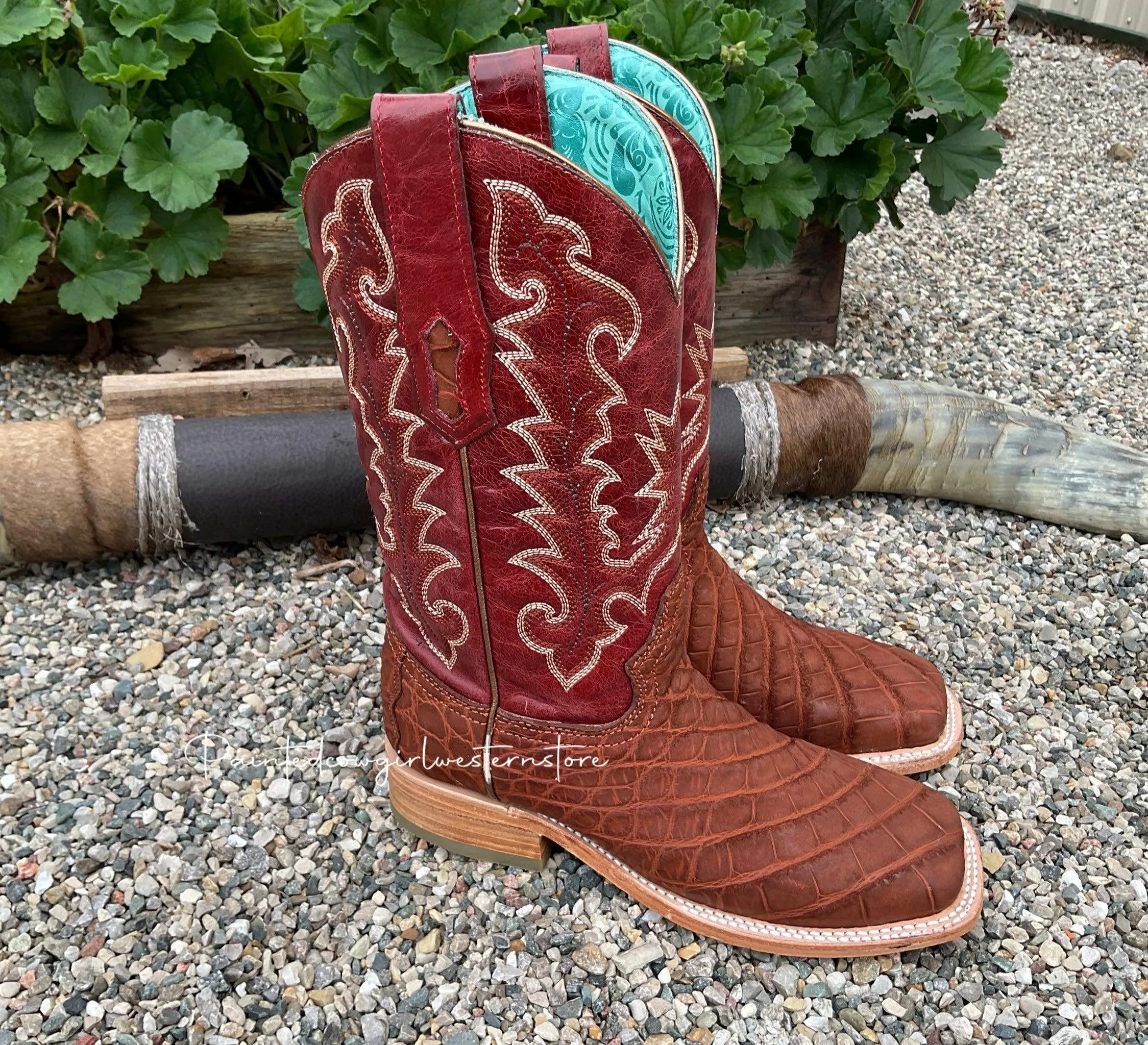 Corral Women's Cognac/Red Alligator Square Toe Cowgirl Boots A4200