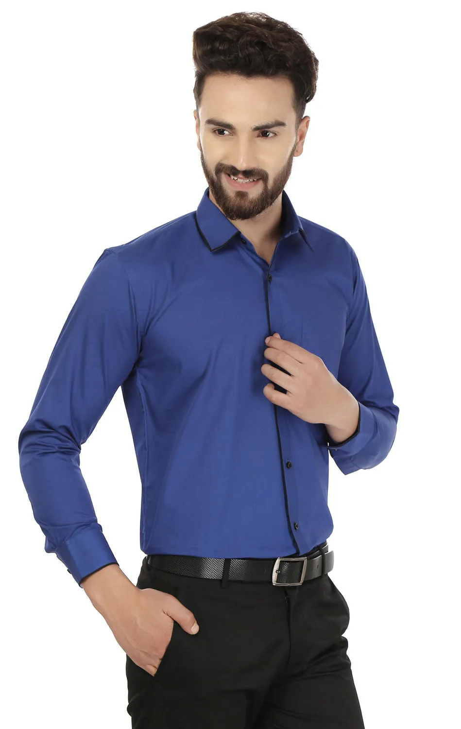 Dress Shirt Men's Long Sleeve Cotton Button Down Collar (Blue)