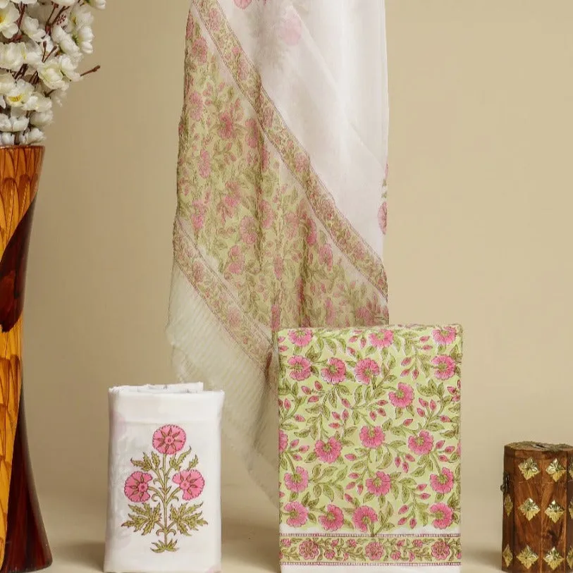 Elegant Jaal Hand Block Print Cotton Suit Set with Chiffon Dupatta (PCHF405)