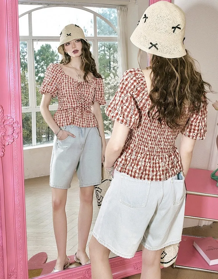 ELF SACK  |Gingham Casual Style Street Style Short Sleeves Party Style