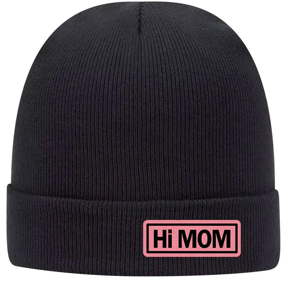 Hi Mom Leatherette Patch Superior Cotton Blend 12 Classic Knit Cuff Beanies for Women