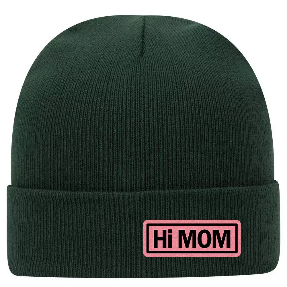 Hi Mom Leatherette Patch Superior Cotton Blend 12 Classic Knit Cuff Beanies for Women