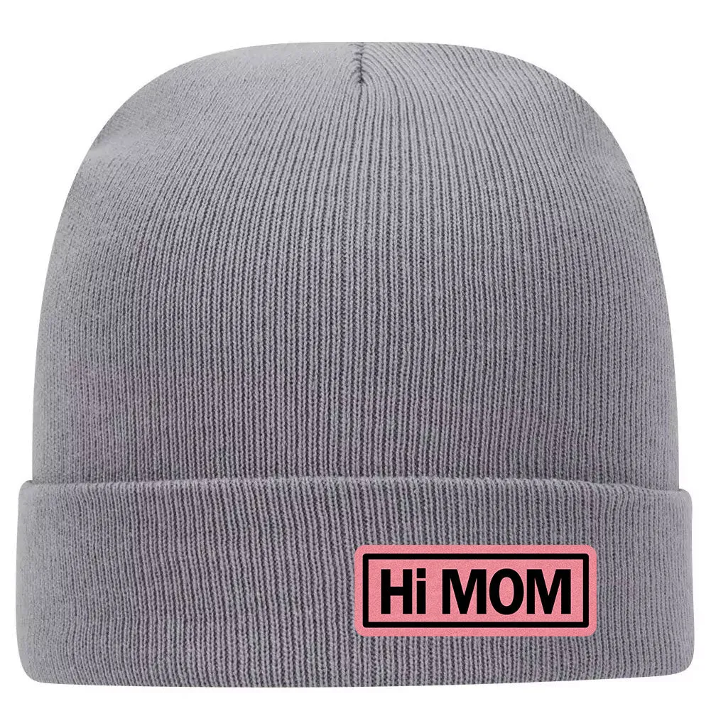 Hi Mom Leatherette Patch Superior Cotton Blend 12 Classic Knit Cuff Beanies for Women