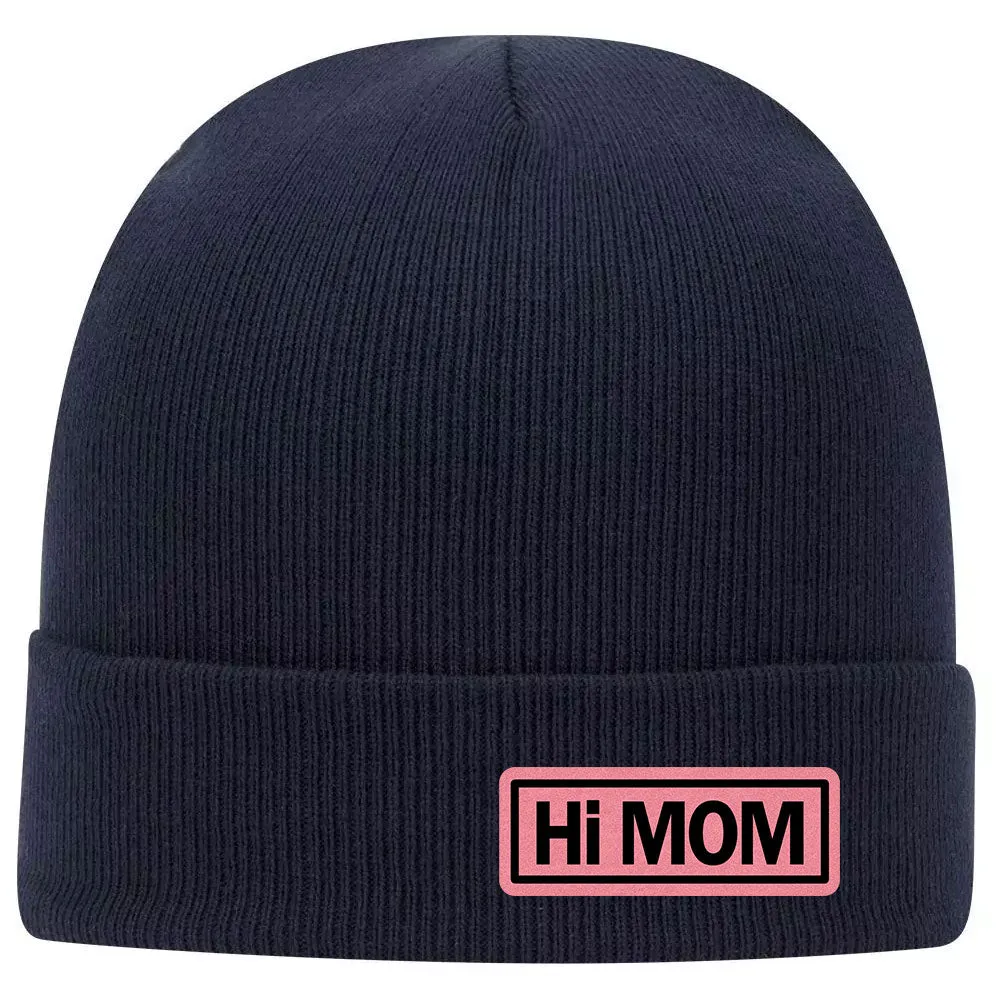 Hi Mom Leatherette Patch Superior Cotton Blend 12 Classic Knit Cuff Beanies for Women