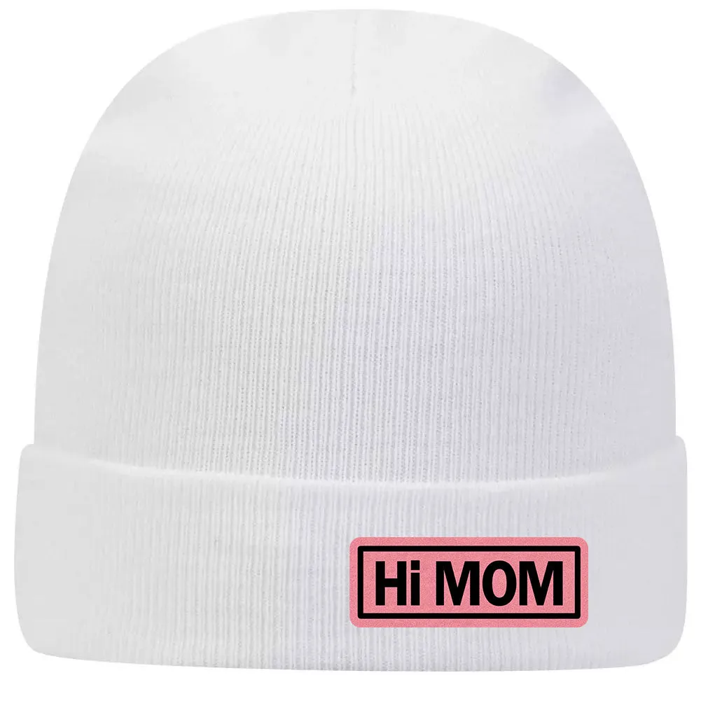 Hi Mom Leatherette Patch Superior Cotton Blend 12 Classic Knit Cuff Beanies for Women