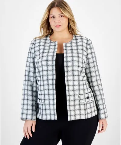 Kasper Plus Size Tweed Open-Front Collarless Cardigan