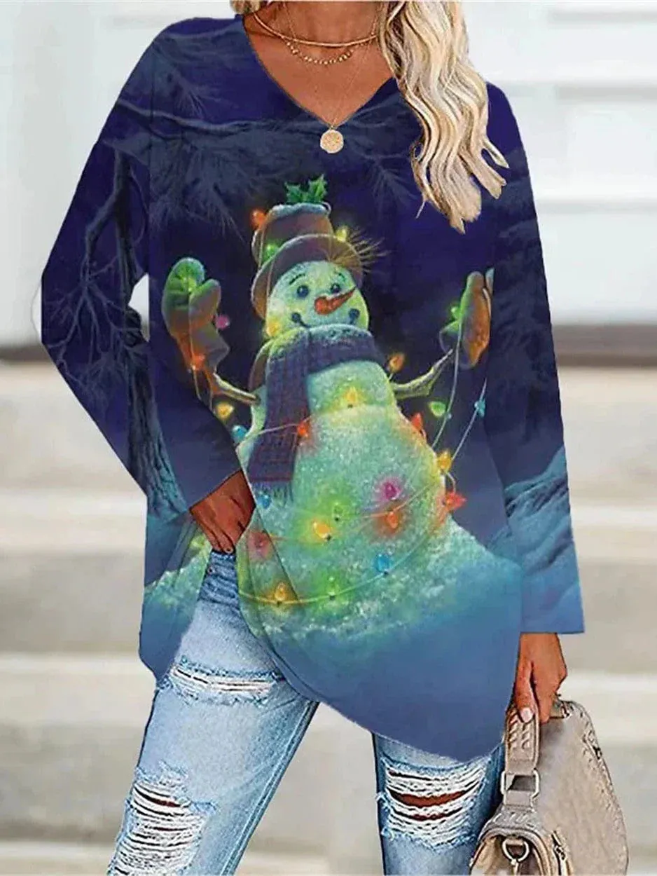 Leopard Snowman Print Women's Christmas T-shirt with Long Sleeves