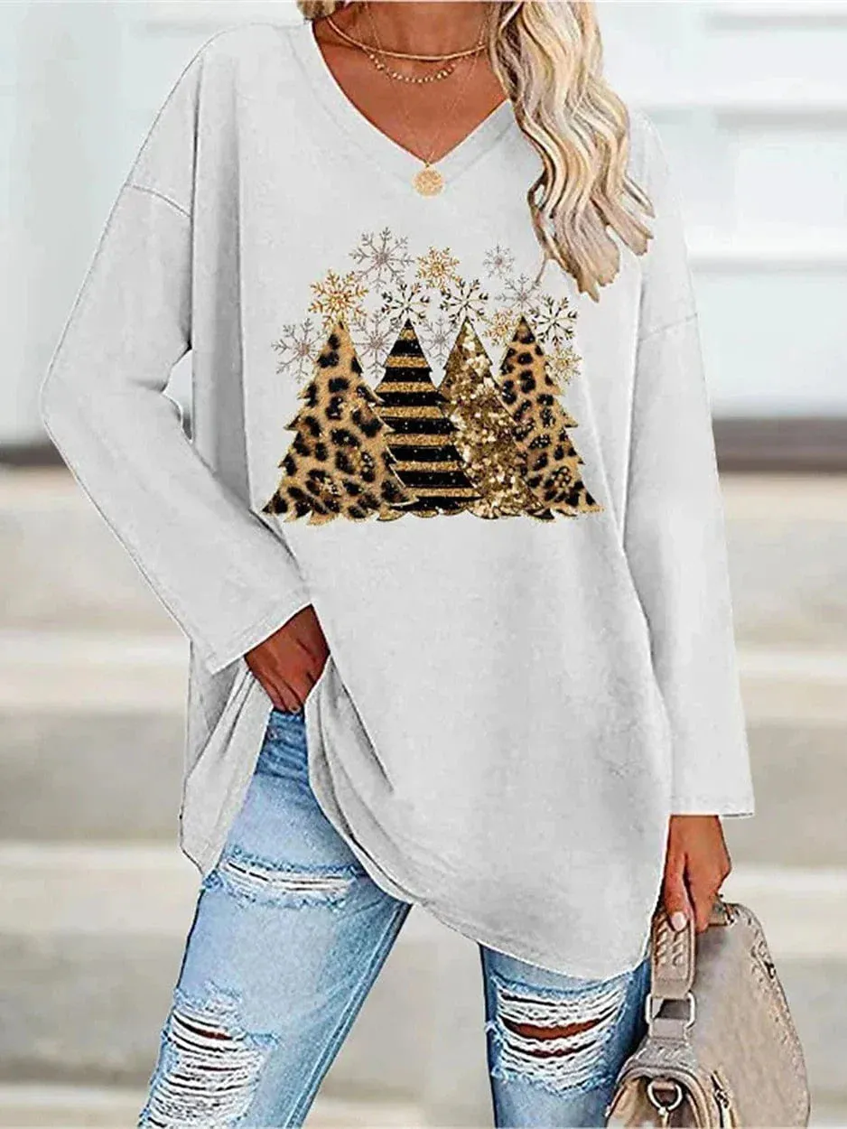 Leopard Snowman Print Women's Christmas T-shirt with Long Sleeves