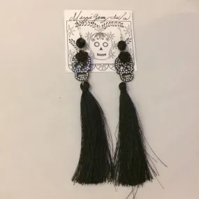 Maggie Devos - Rhinestone skull earrings w/ black tassels