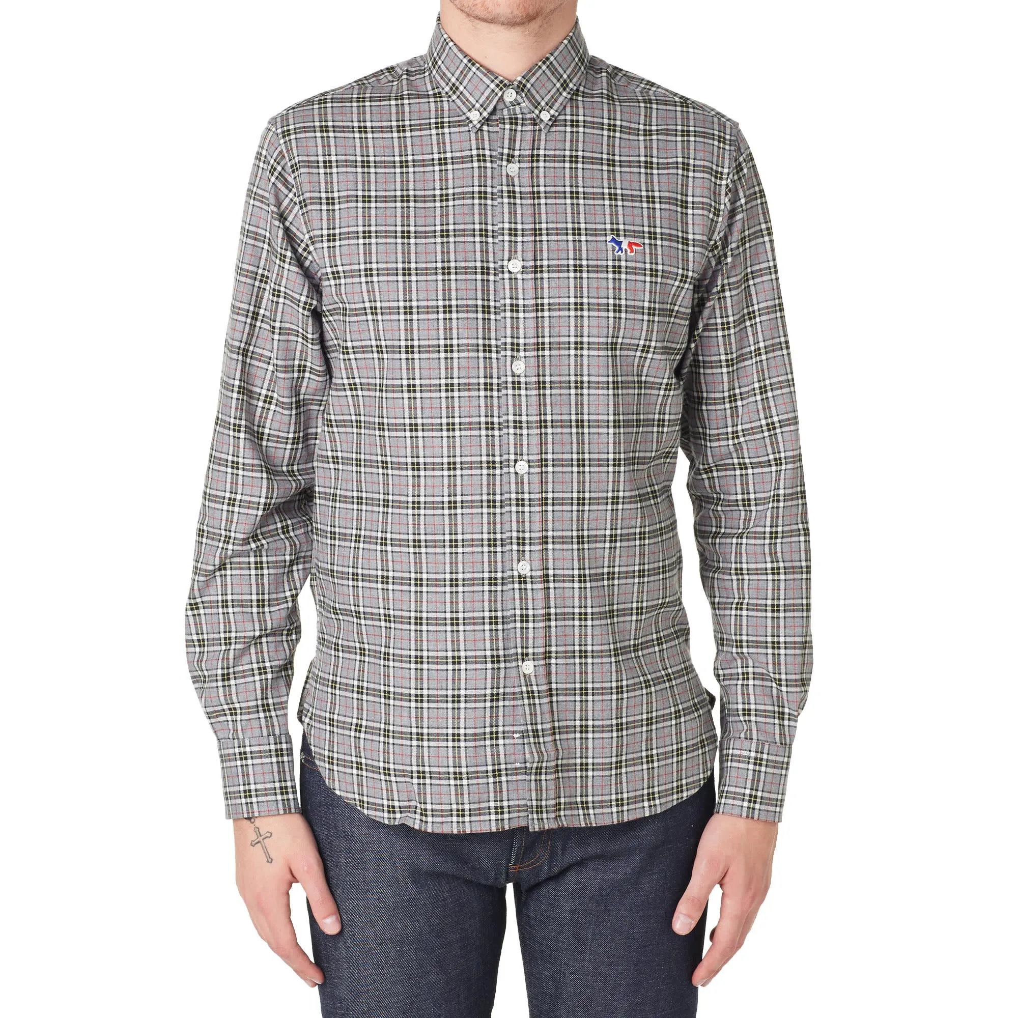 Maison Kitsuné Button Down Classic Tricolour Fox Check ShirtGrey Melange