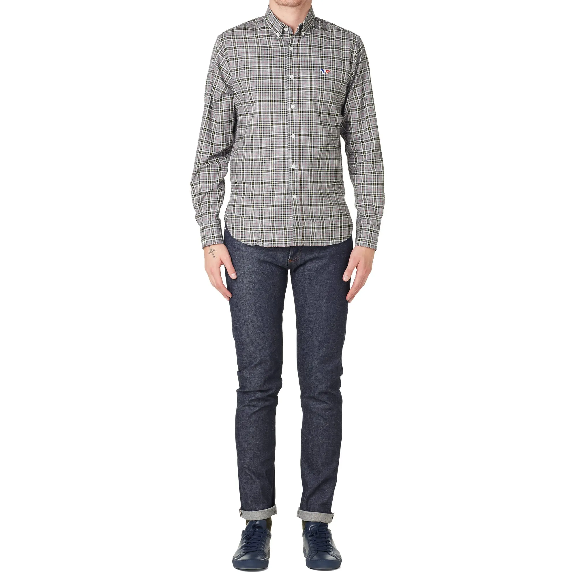 Maison Kitsuné Button Down Classic Tricolour Fox Check ShirtGrey Melange