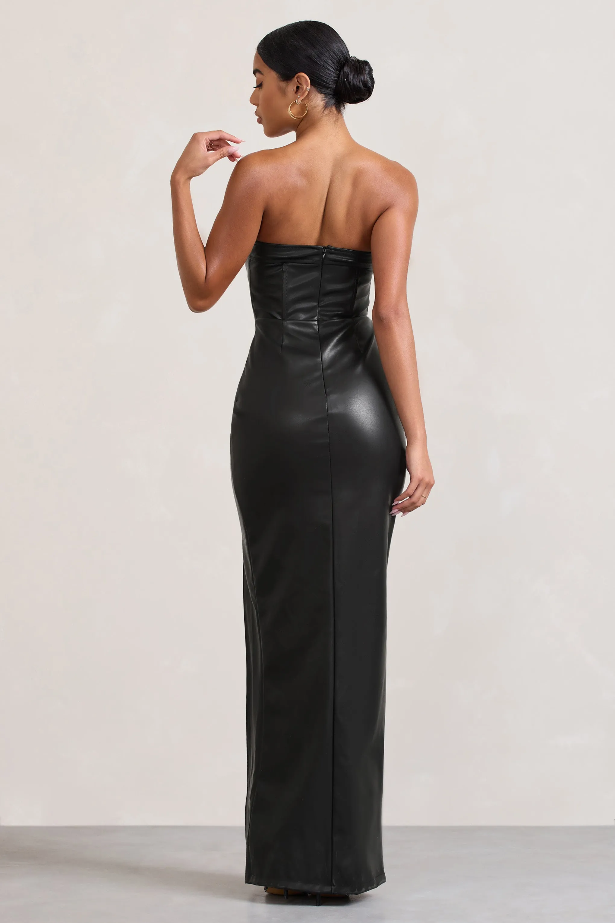 Marlene | Black Faux Leather Strapless Bandeau Split Maxi Dress