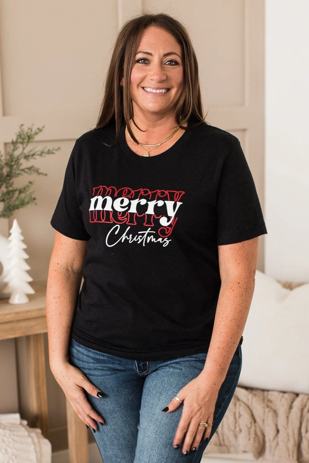 Merry, Merry, Merry Christmas Graphic Tee- Black