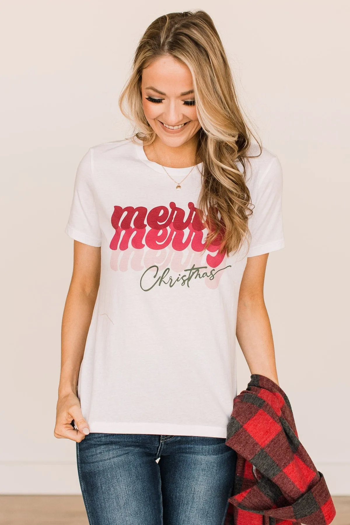 Merry, Merry, Merry Christmas Graphic Tee- White