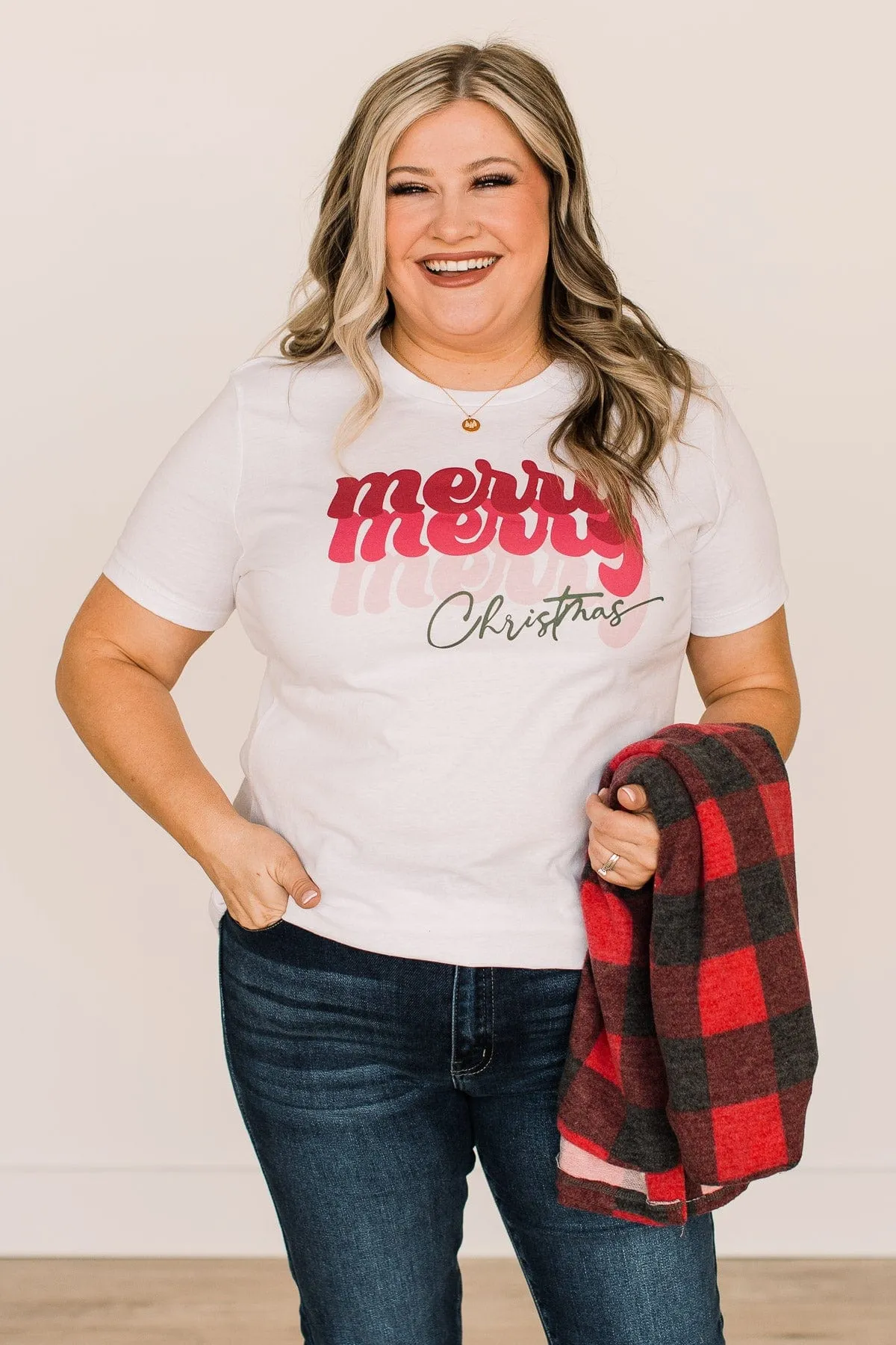 Merry, Merry, Merry Christmas Graphic Tee- White