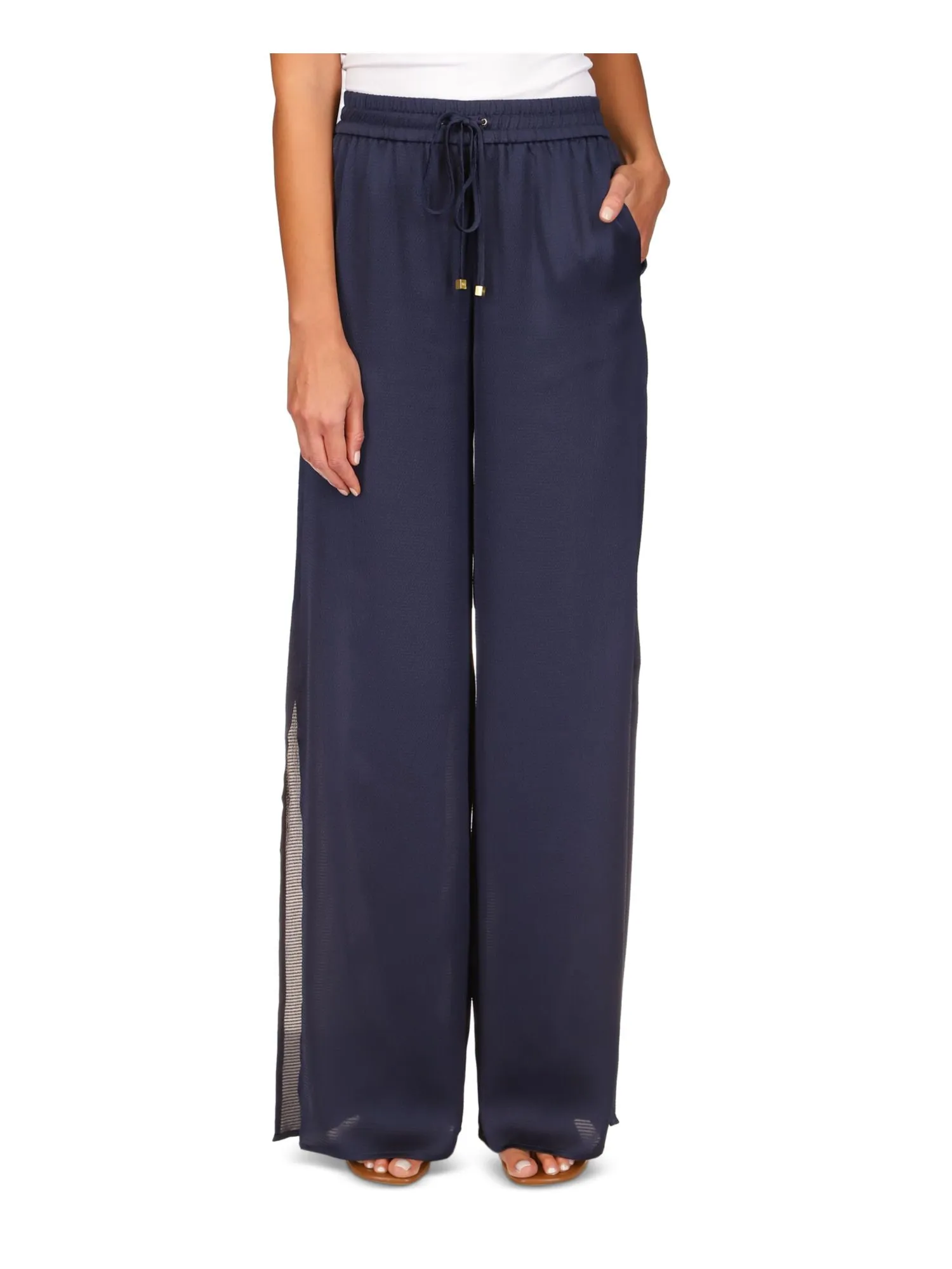 MICHAEL MICHAEL KORS Womens Navy Sheer Unlined Drawstring Elastic Waist Pull On Wide Leg Pants