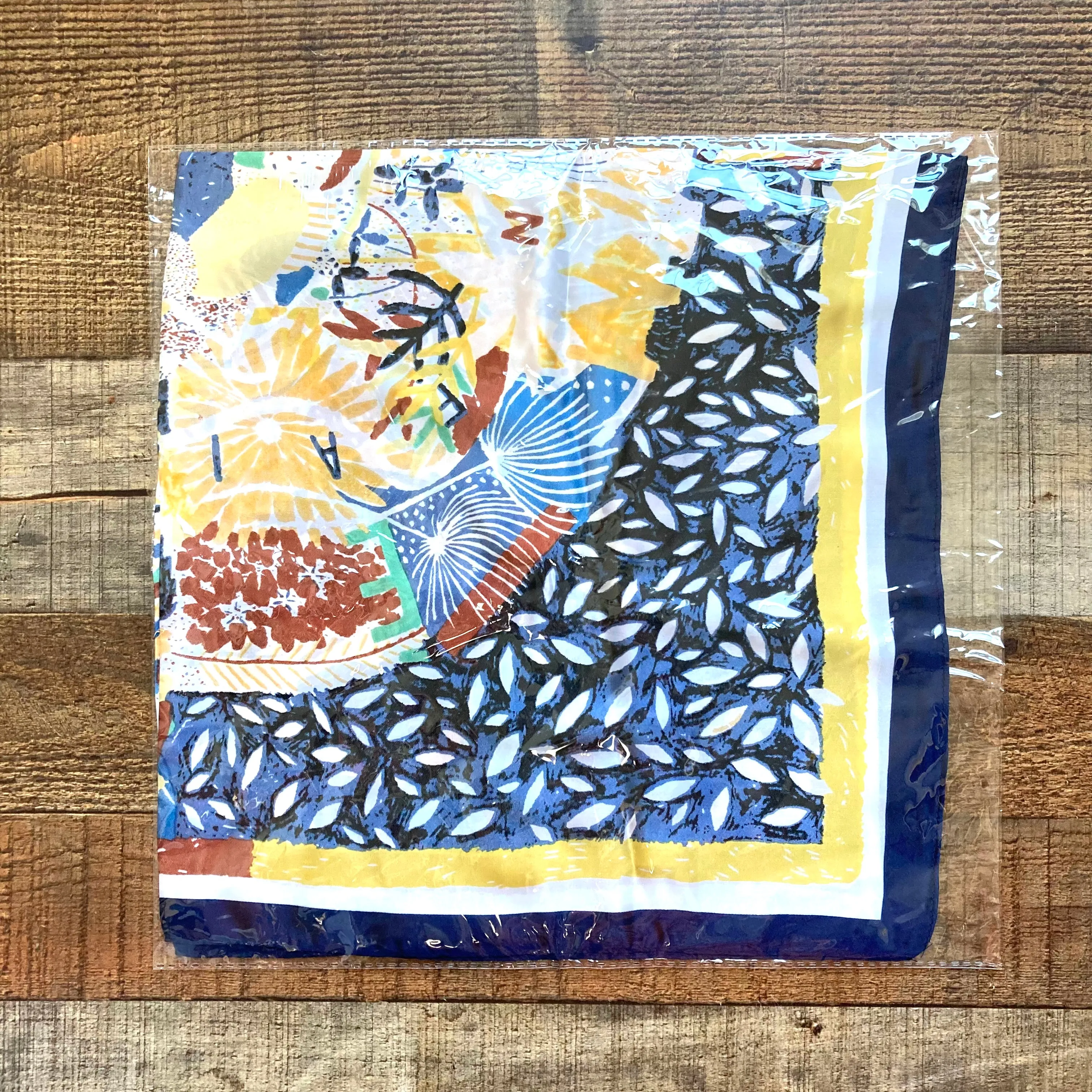 No Brand Blue/Yellow/Brown Floral/Leaf Pattern with Navy/Brown/Yellow Trim Faux Silk Scarf (New in Bag)