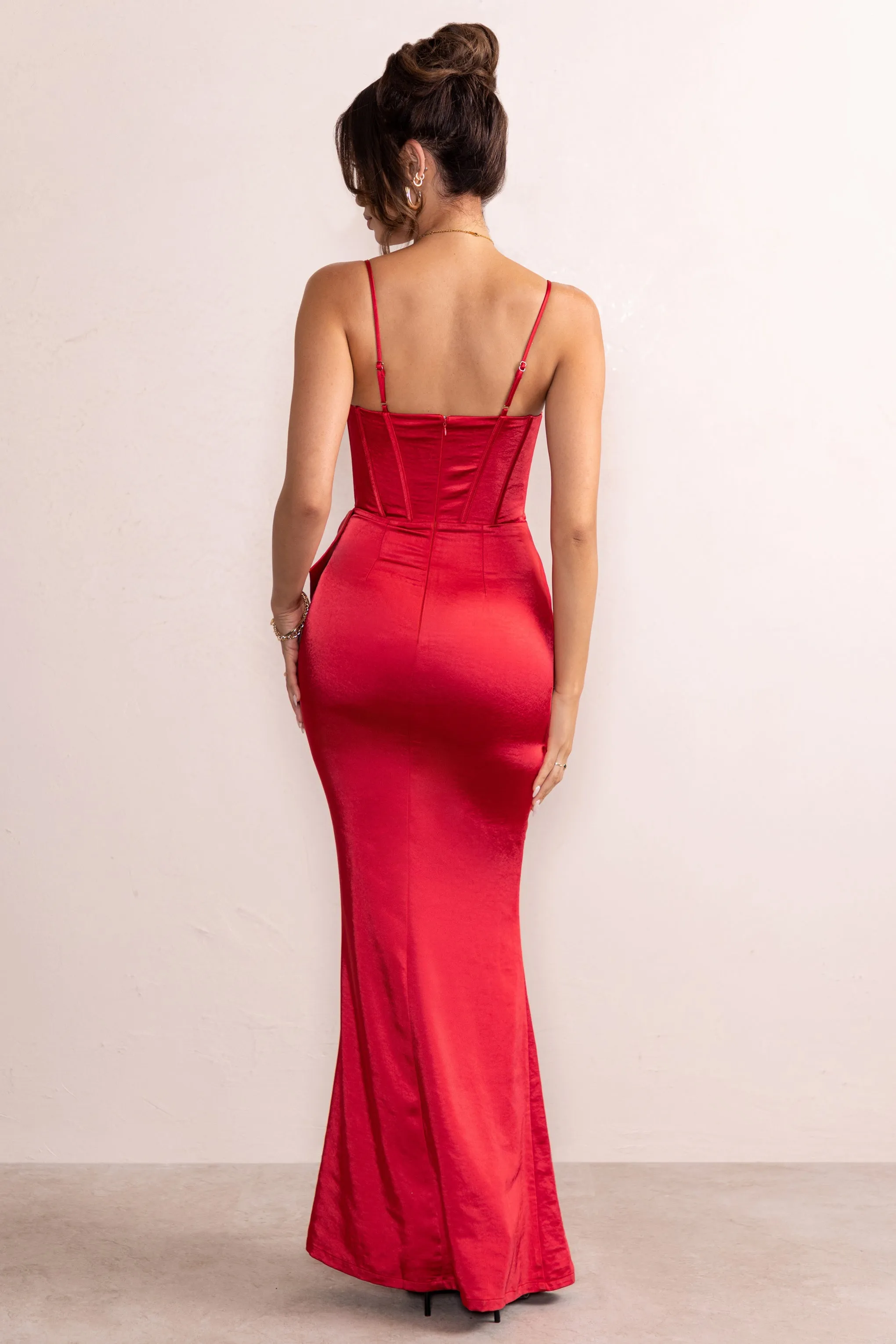 Odette | Red Satin Square Neck Corset Bow Detail Maxi Dress