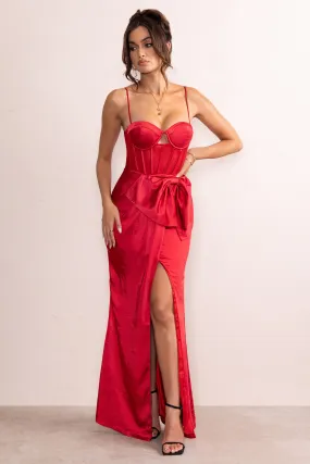 Odette | Red Satin Square Neck Corset Bow Detail Maxi Dress