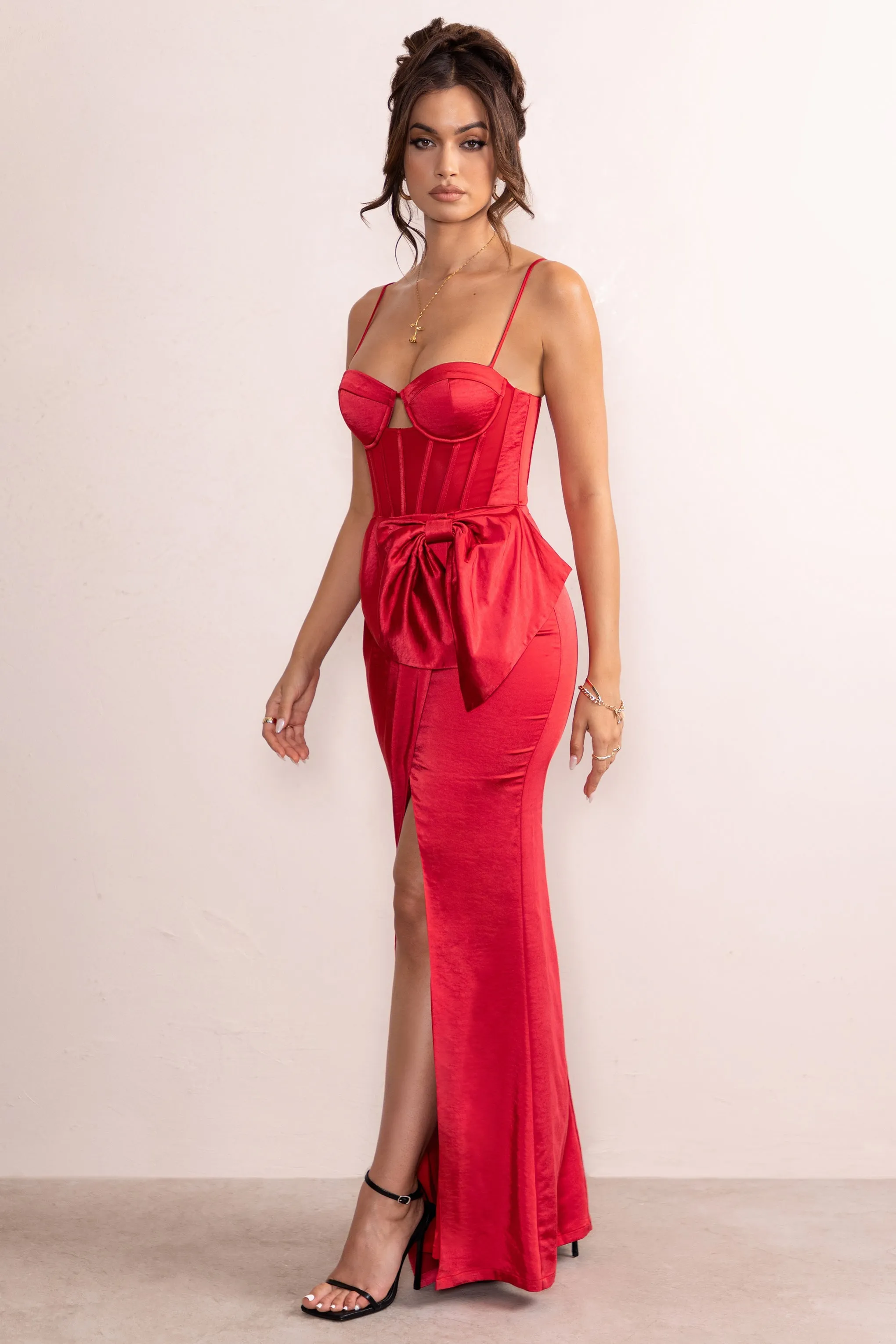 Odette | Red Satin Square Neck Corset Bow Detail Maxi Dress