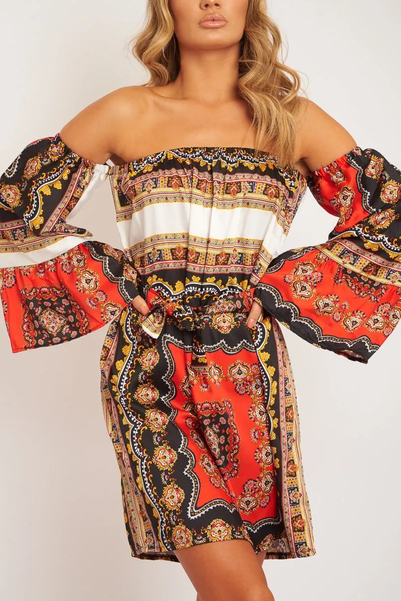 Orange Black Bardot Belted Scarf Print Dress - Kessa