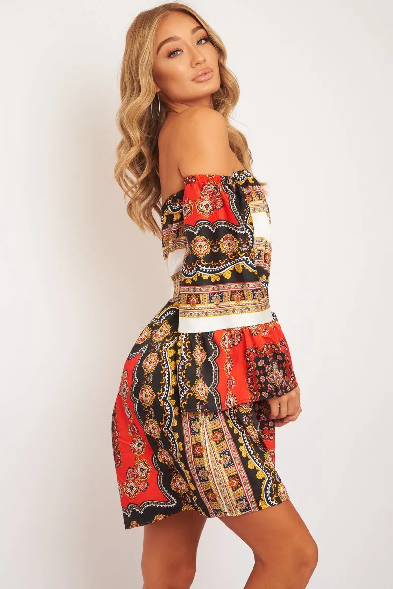 Orange Black Bardot Belted Scarf Print Dress - Kessa