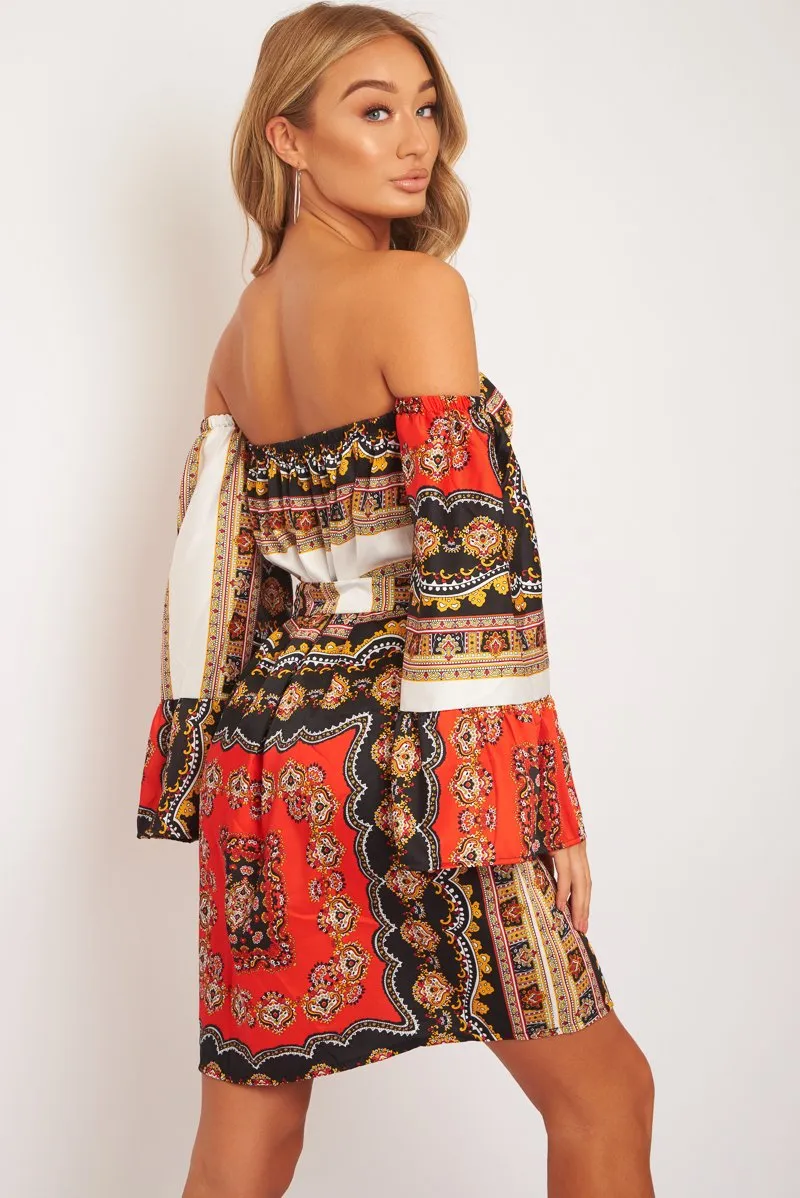 Orange Black Bardot Belted Scarf Print Dress - Kessa