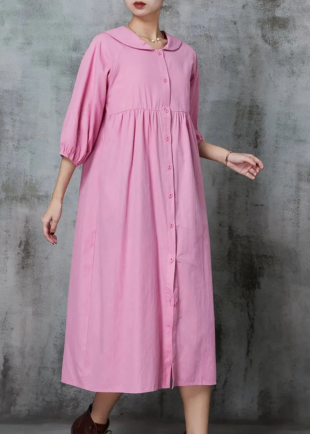 Pink Cotton Long Dresses Oversized Button Down Half Sleeve JK1009