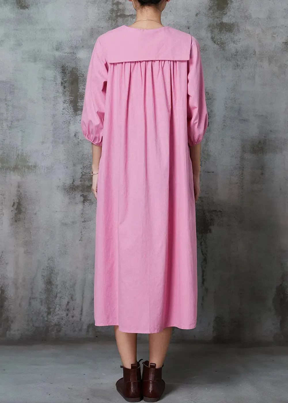 Pink Cotton Long Dresses Oversized Button Down Half Sleeve JK1009