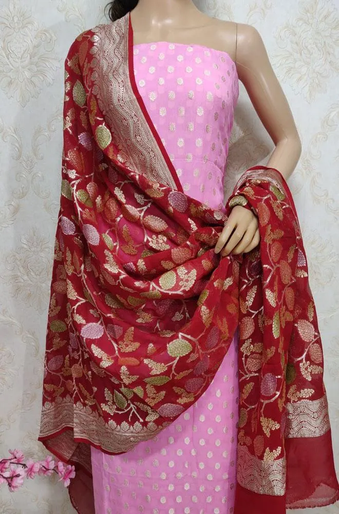 Pink Handloom Banarasi Pure Georgette Three Piece Unstitched Suit Set With Brush Dye Dupatta