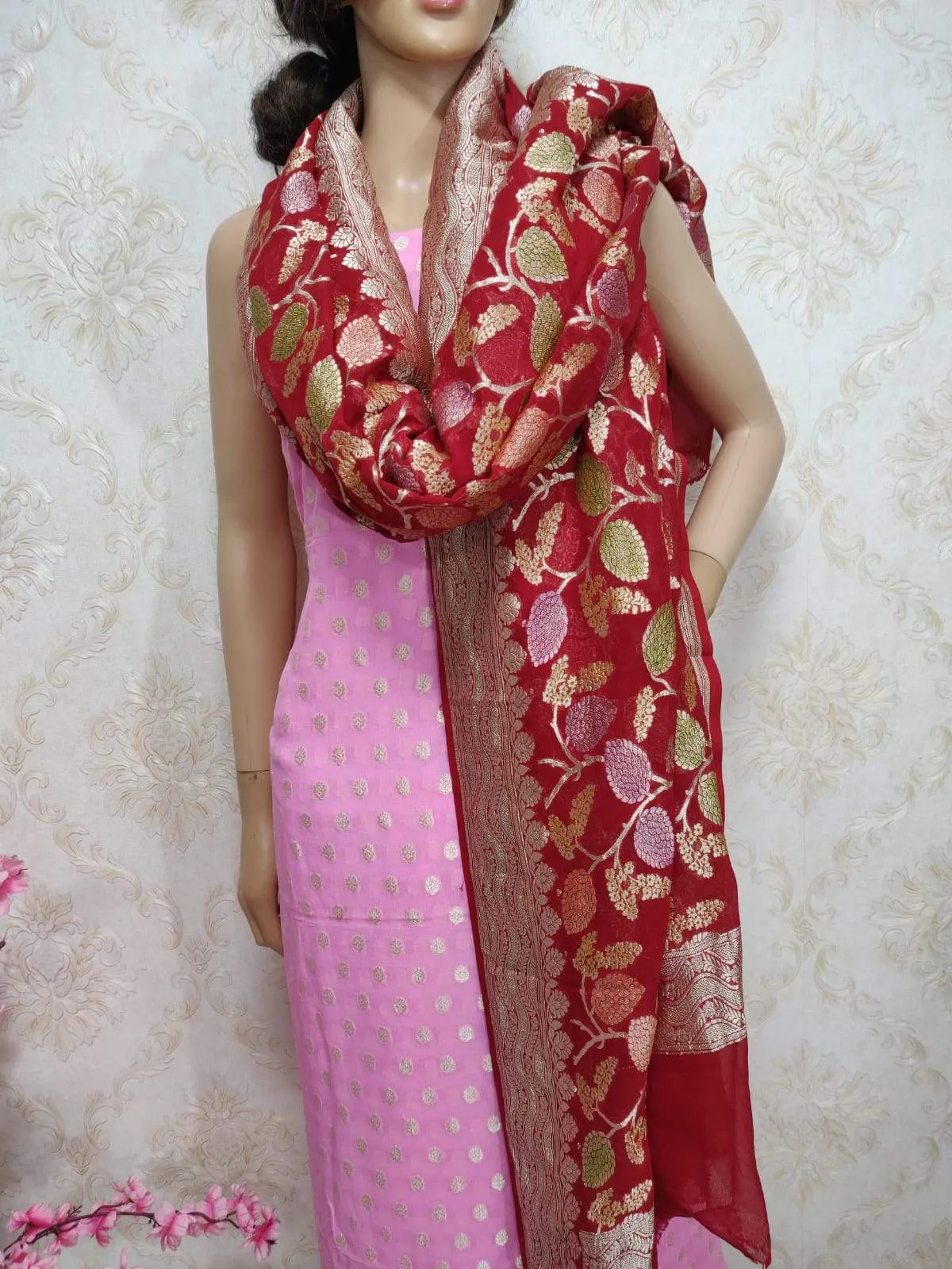 Pink Handloom Banarasi Pure Georgette Three Piece Unstitched Suit Set With Brush Dye Dupatta