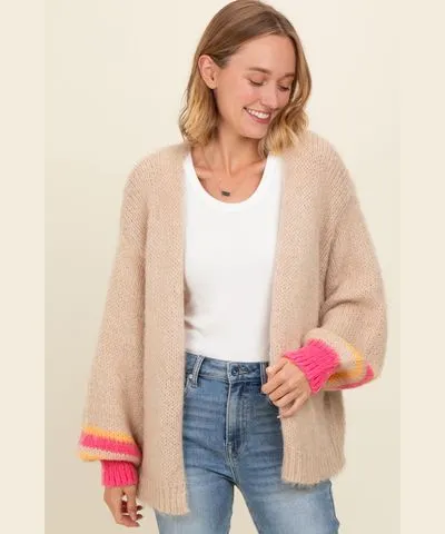 PinkBlush Beige Brushed Knit Striped Sleeve Cardigan