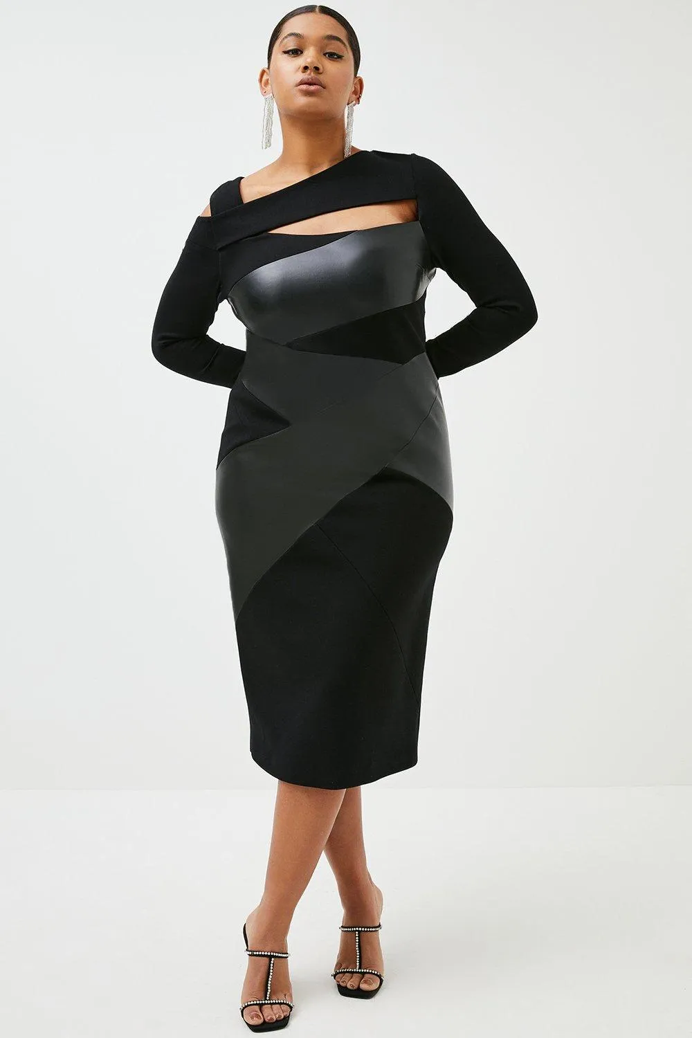 Plus Size Faux Leather And Ponte Midi Dress | Karen Millen