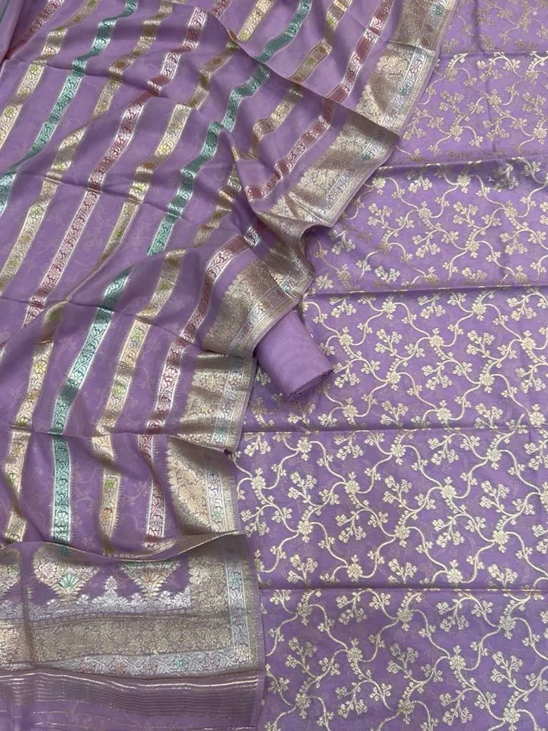 Purple Banarasi Cotton Three Piece Unstitched Suit Set With Georgette Hand Painted Dupatta