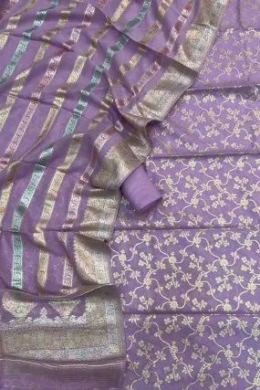 Purple Banarasi Cotton Three Piece Unstitched Suit Set With Georgette Hand Painted Dupatta