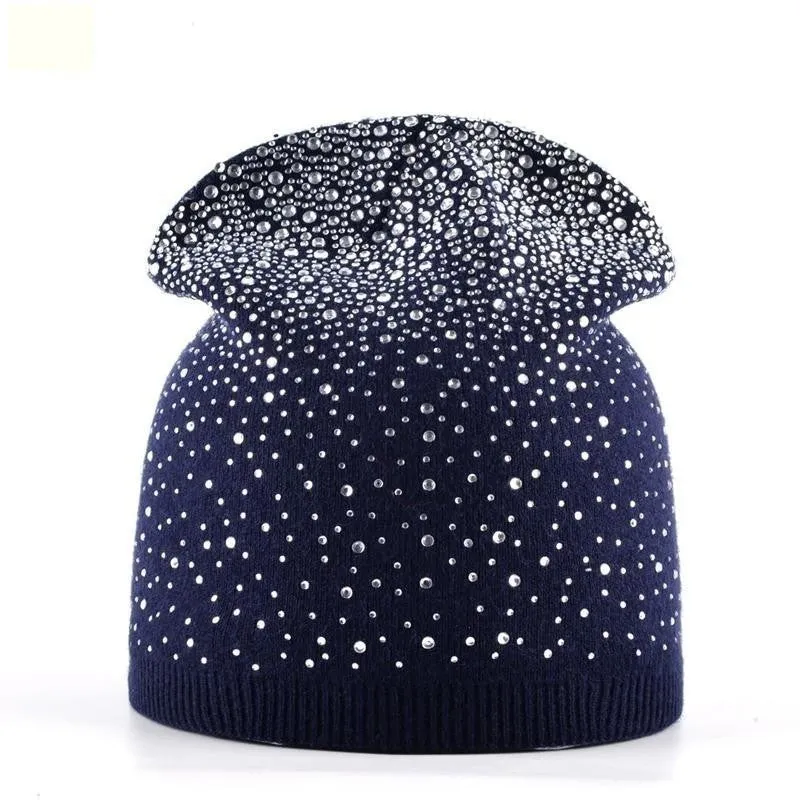 Rabbit Wool Knitted Winter Rhinestone Bonnet Skullies for Women