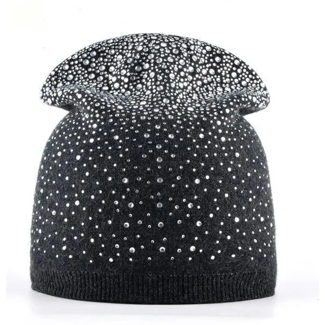 Rabbit Wool Knitted Winter Rhinestone Bonnet Skullies for Women